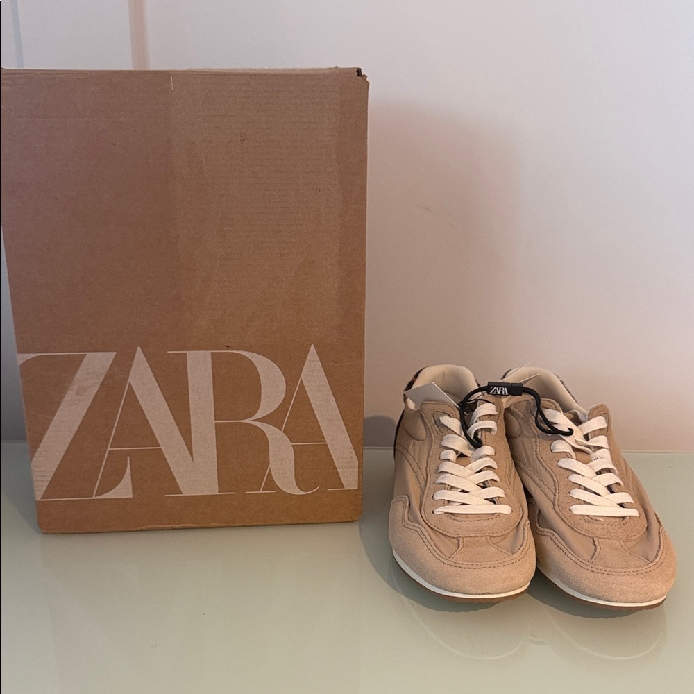 Zara Tan Casual Sneakers with leopard details and Cream shoestrings. NWT